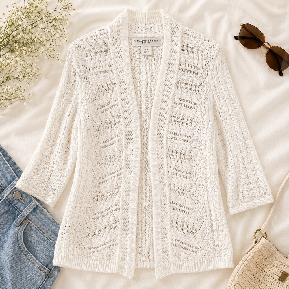 Christopher & Banks Open Front Pointelle Knit cardigan size Petite‎ M White Boho